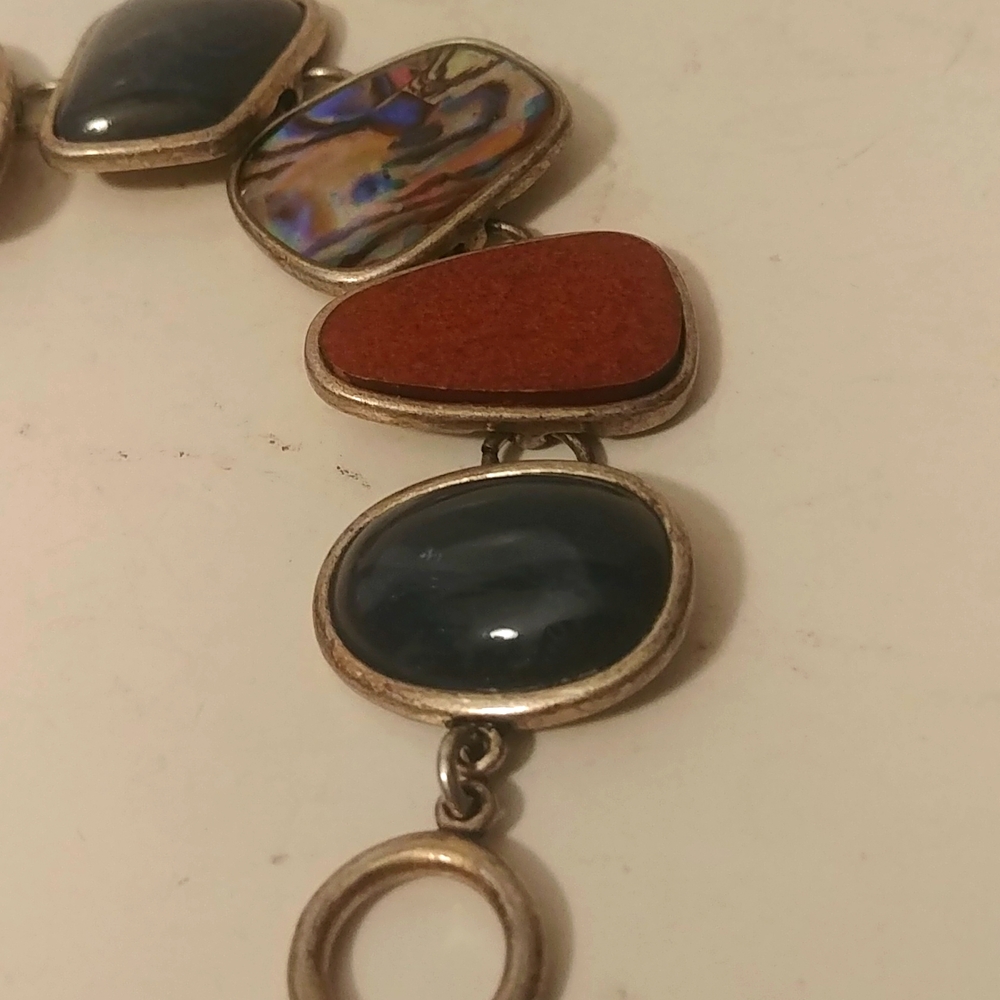 8 Linked Chunky Stone Wood Abalone Bracelet - image 3